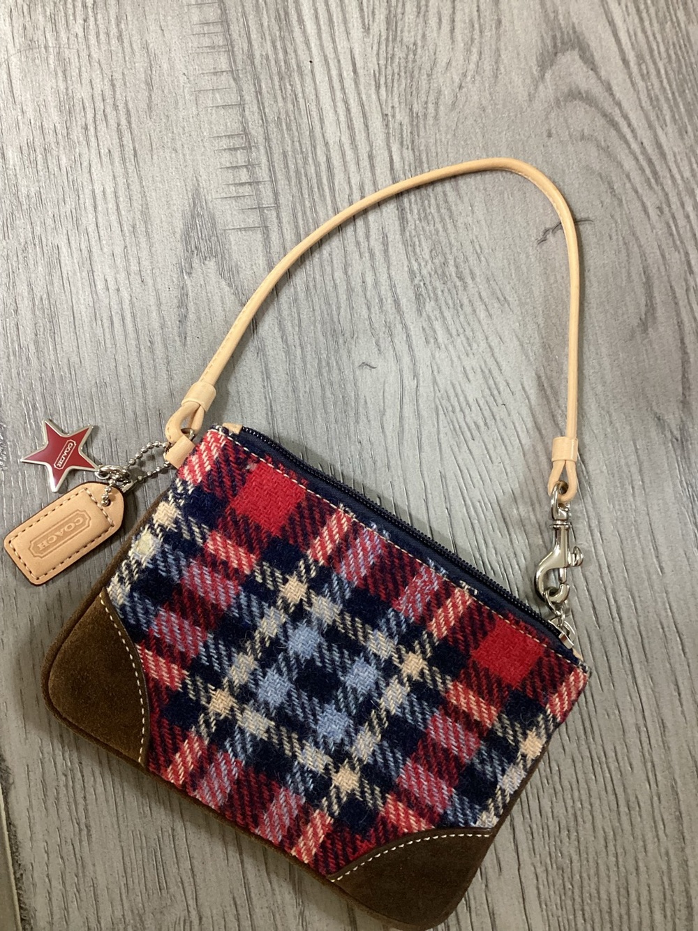 Coach Tartan Plaid Wool Wristlet w/ Star Charm & Two-Sided Hangtag